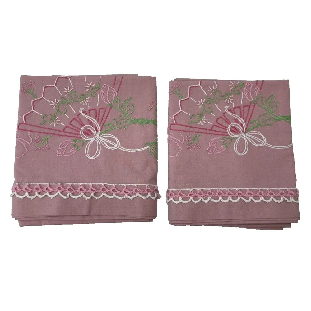 Set Of 2‎ Hand Embroidered Flower Fan Pink Pillowcases Hand Tatted Edging